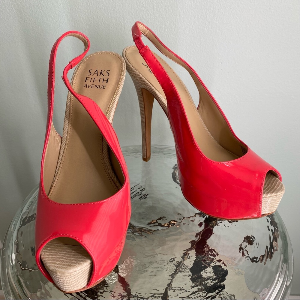 Saks Fifth Avenue Pinkish Red Peep-Toe Stiletto Heels